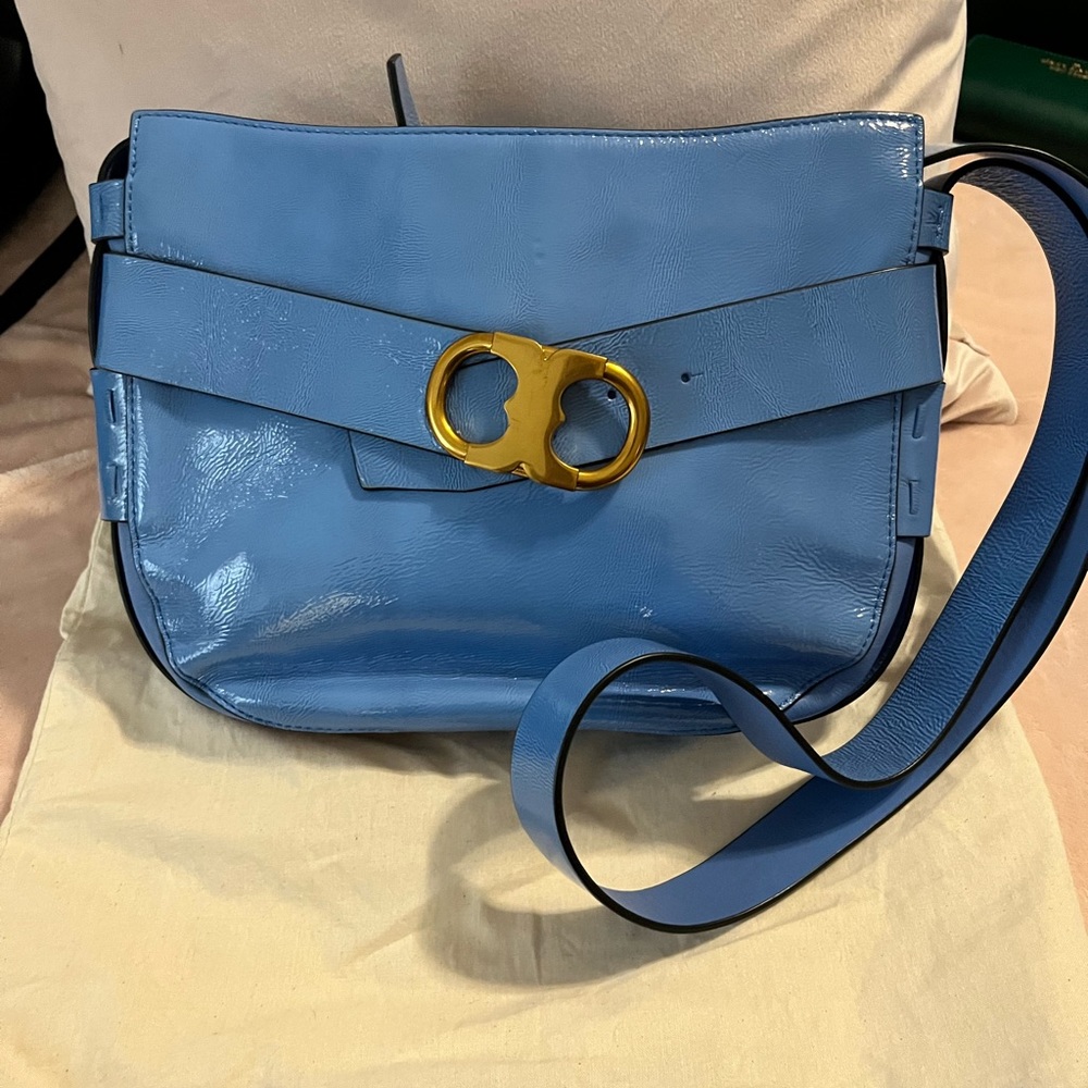 Tory Burch Gemini water blue patent leather shoulder bag